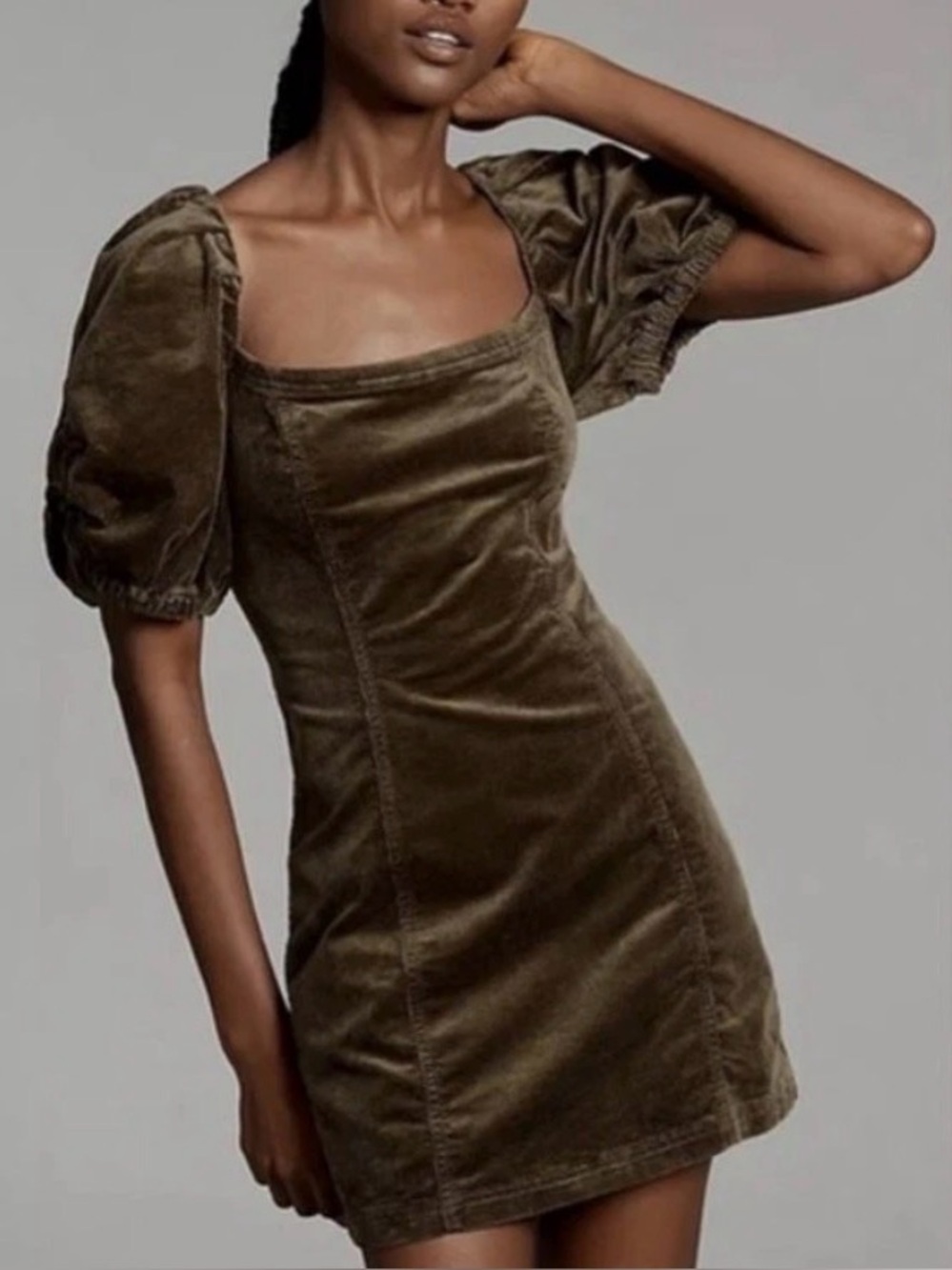 Anthropologie Pilcro Puff Sleeve Corduroy Mini Dress S Moss Green Square Neck
